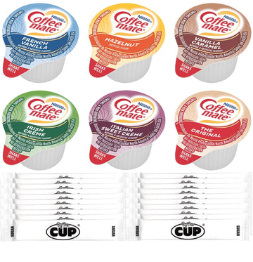 Coffee mate Liquid Creamer Singles Variety Pack, Original, French Vanilla, Hazelnut, Irish Crème, Italian Sweet Crème, Vanilla Caramel, 6 flavors x 30 ct, 180/Box and By the Cup Sugar Packets