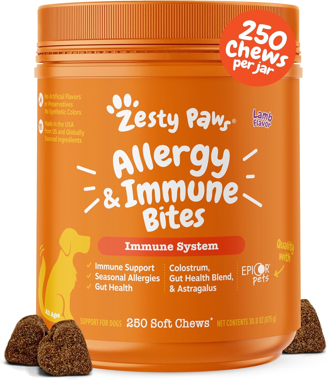 Zesty Paws Dog Allergy Relief - Anti Itch Supplement - Omega 3 Probiotics For Dogs - Digestive Health - Soft Chews For Skin & Seasonal Allergies - With Epicor Pets - Lamb - 250 Count