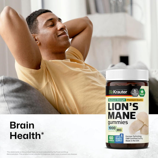 Bio Krauter Lions Mane Gummies For Adults - 1000 Mg Strength - 60 Vegan Mushroom Supplement Chews - Lions Mane Supplement For Brain - Gelatine-Free