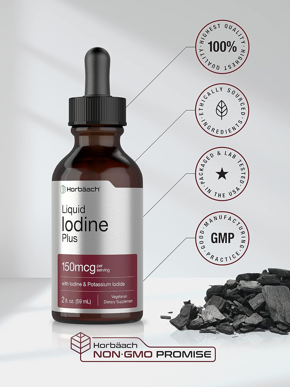 Horbäach Liquid Iodine Solution Drops | 2 fl oz | 150 mcg | Iodine & Potassium Iodide Supplement | Vegetarian, Non-GMO, Gluten Free Liquid Tincture : Health & Household