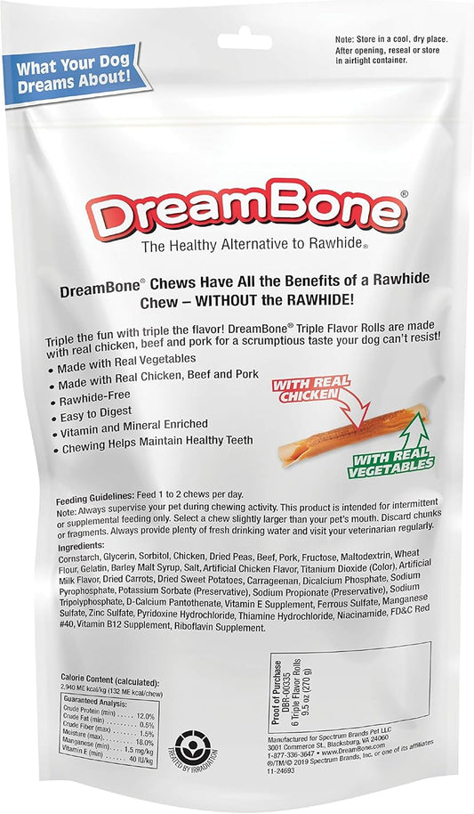 Dreambone Triple Flavor Rolls 6 Count, Rawhide-Free Chews For Dogs