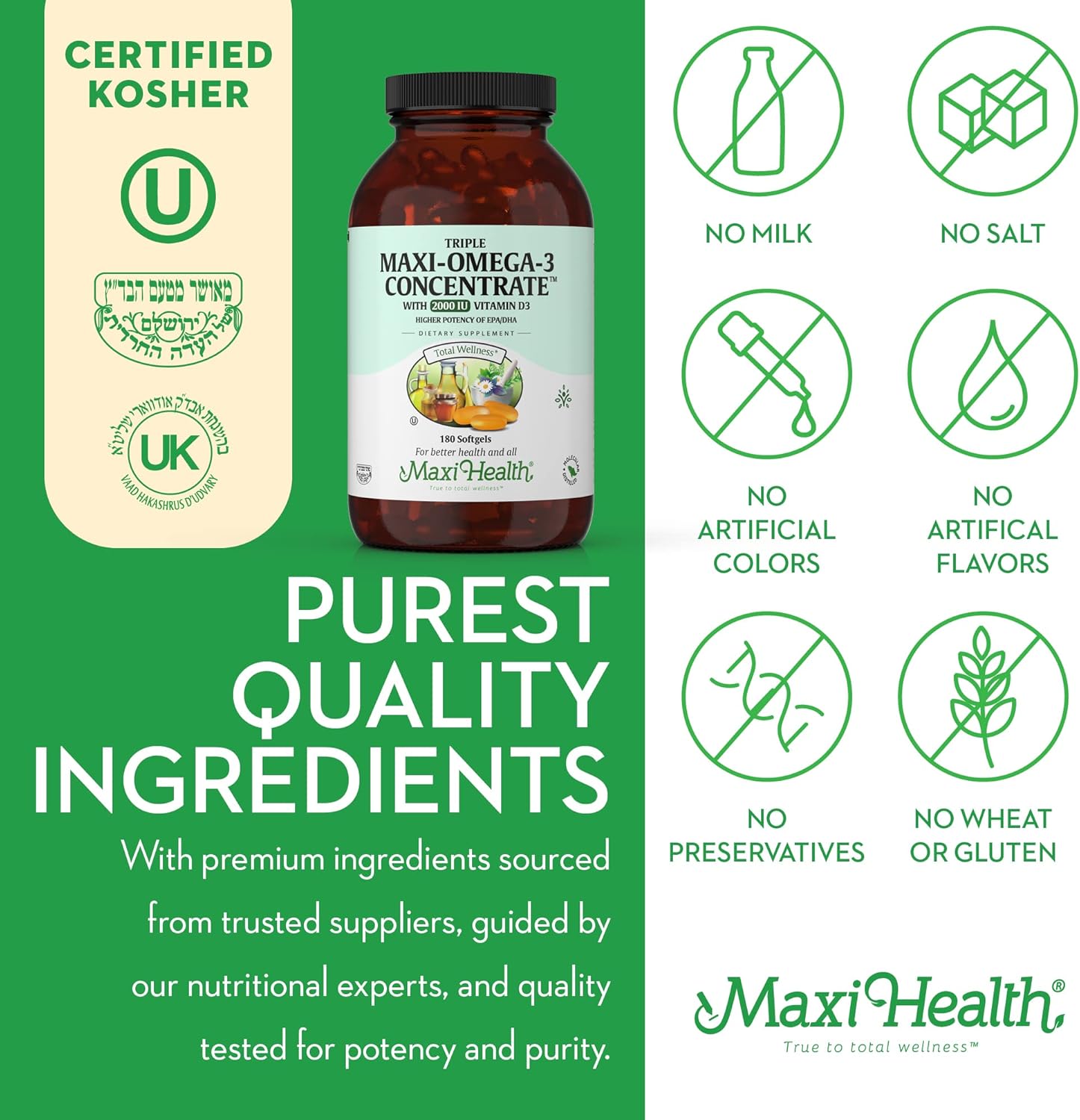 Omega 3 Supplement - Omega-3 Fish Oil Triple Concentrate with Vitamin D3 - Potent Source of EPA/DHA Fatty Acids - Heart, Brain, Joint Health - Kosher Certified Wild Caught Marine Fish - 180 Softgels : Health & Household
