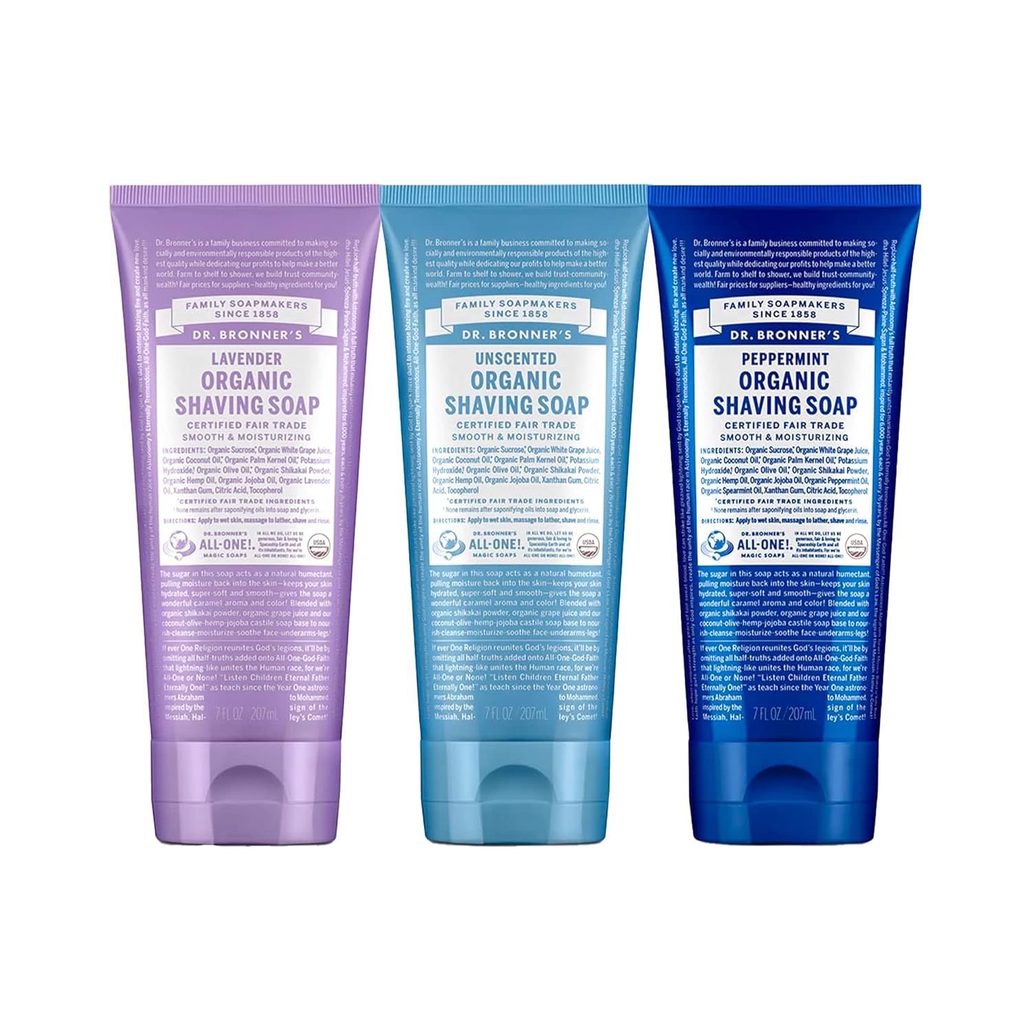 Dr. Bronner'S - Organic Shaving Soap (7 Oz Variety Pack) Lavender, Baby Unscented, & Peppermint - Certified Organic, Sugar & Shikakai Powder, Moisturizes, Use On Face, Underarms, & Legs | 3 Count