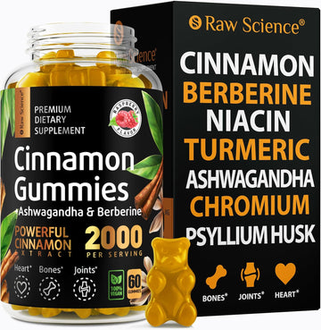 Cinnamon Gummies - Blood Support - Ceylon Cinnamon & Cinnamon Bark 2000Mg Blend Supplements, Berberine, Turmeric, Gymnema Sylvestre, Bitter Melon, Psyllium Husk, Chromium - 60 Gummies