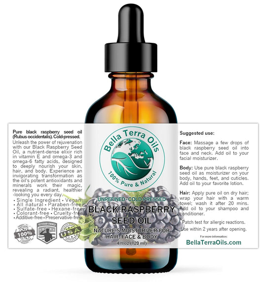 Bella Terra Oils - Black Raspberry Seed Oil 4 oz - Revel in Antioxidant-Rich Essence, Packed with Omega-6 & Omega-9, The Pinnacle of Skin Nutrient Oils