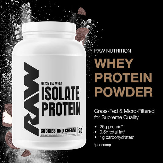 RAW Whey Isolate Protein Powder, Cookies N Cream - 100% Grass-Fed Sports Nutrition Protein Powder for Muscle Growth & Recovery - Low-Fat, Low Carb, Naturally Flavored & Sweetened - 25 Servings