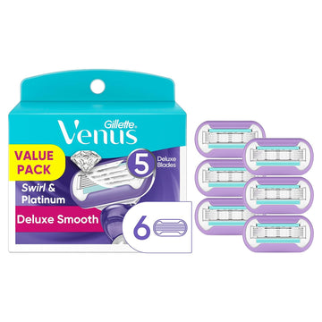 Gillette Venus Deluxe Smooth Swirl Womens Razor Blade Refills, 6 Count, Moisture Ribbon To Protect Against Irritation