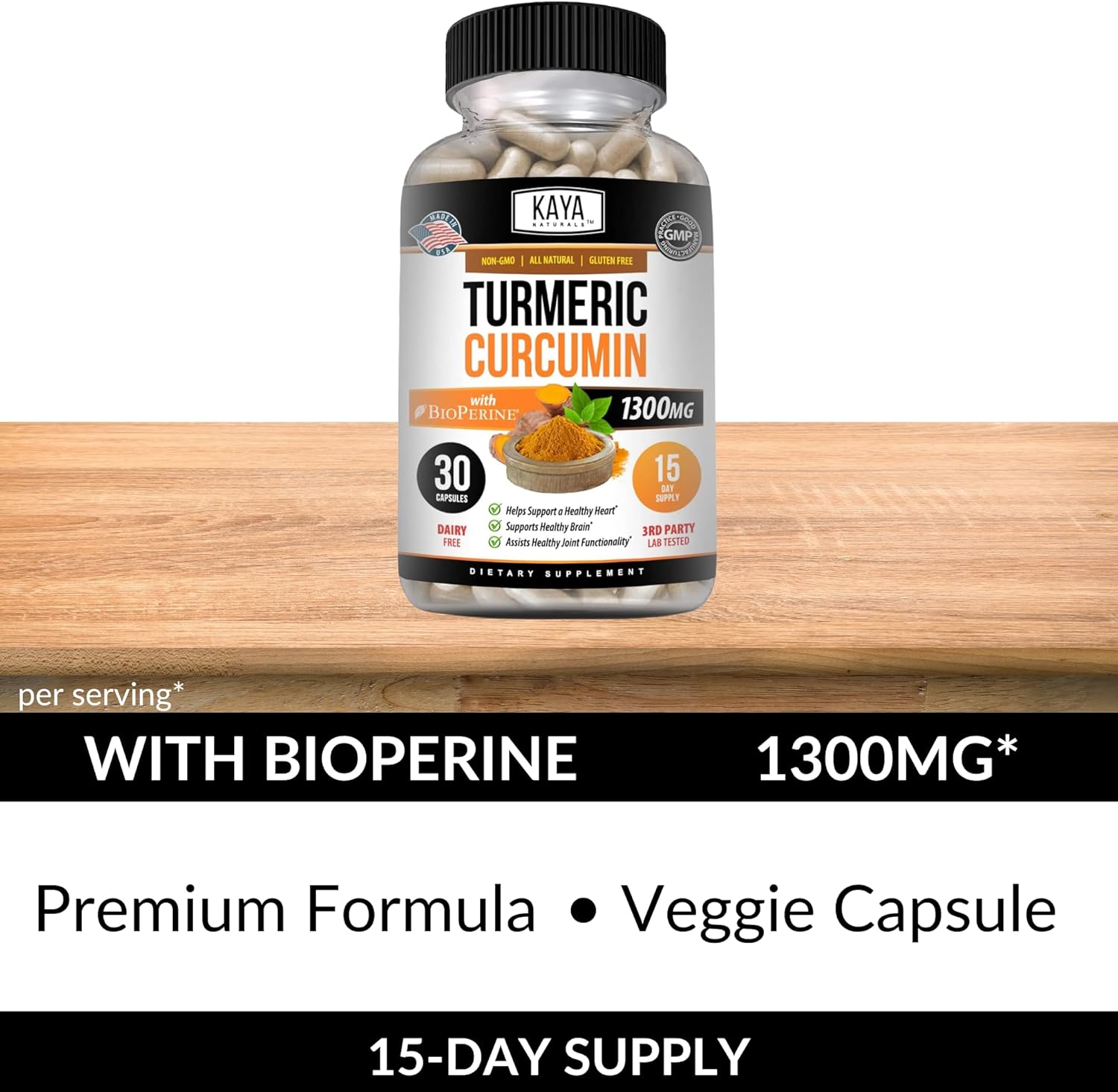 Kaya Naturals Turmeric Nature Made Bioperine, Joint Support with 95% Standardized Curcuminoids | Curcumin Nature Made - 1300mg Turmeric Capsules | Turmeric Curcumin - 30 Capsules : Health & Household