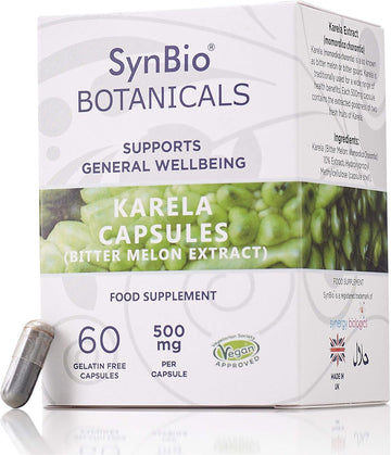 Synbio Botanicals - Karela (Bitter Melon Extract) Capsules 500Mg | Vegan | Made In The Uk | Gluten Free | Sugar Free | Salt Free | Nut Free | Kosher | Halal | Supports General Wellbeing