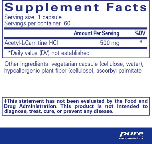 Pure Encapsulations Acetyl-L-Carnitine 500 Mg - Memory & Brain Supplement - Brain Support & Focus* - Gluten Free & Non-Gmo - 60 Capsules