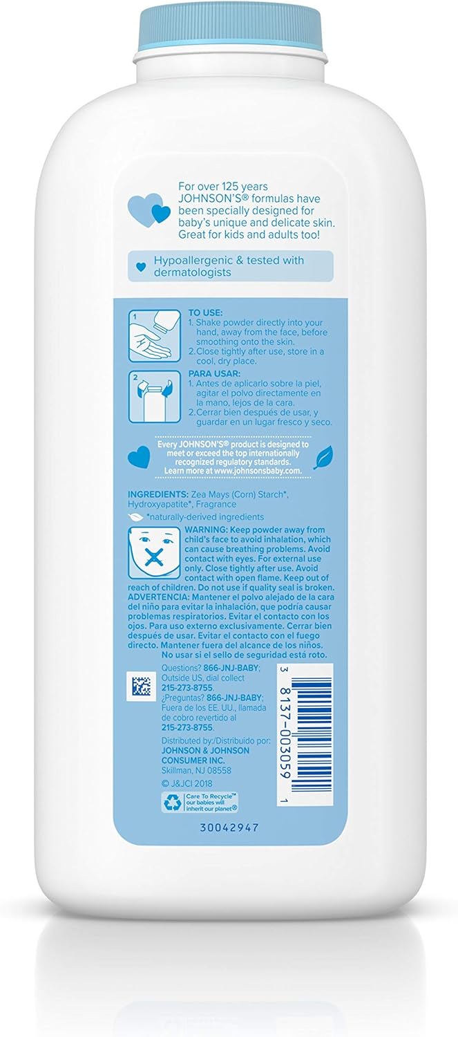 Johnson's Baby Powder with Naturally Derived Cornstarch Aloe & Vitamin E, Hypoallergenic, 22 oz : Baby