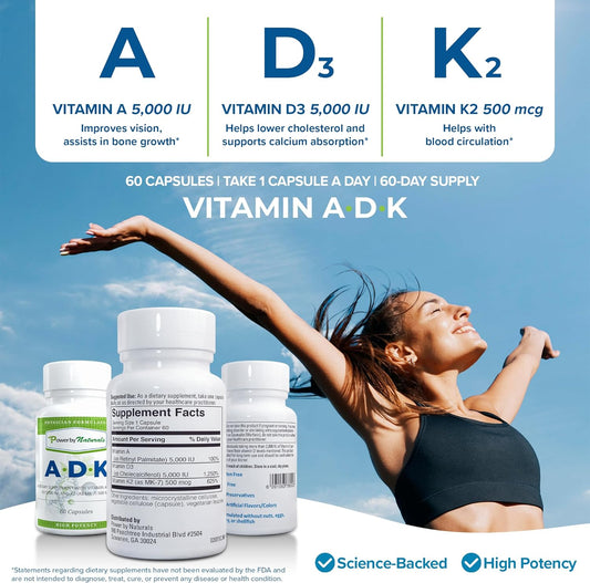 Power By Naturals ADK Vitamin Supplement: Vitamin A, Vitamin D3 5000 iu, and Vitamin K2 MK-7, Support Bone Health Vitamin ADK Supplement, Pure Vitamin D3 K2 MK7 & A, 60 Capsules (2 Month Supply)