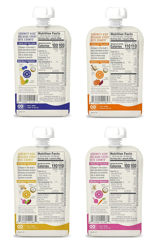 Serenity Kids 6+ Months Dairy-Free Smoothie Baby Food | Usda Organic | Grass Fed Collagen Protein | 3.5 Ounce Bpa-Free Pouch | Variety Pack | 8 Count
