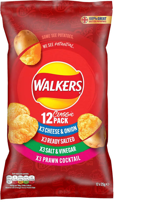Walkers Classic Variety Crisps Box, Ready Salted, Cheese And Onion, Salt And Vinegar, Prawn Cocktail, 60 Count (Pack Of 1)