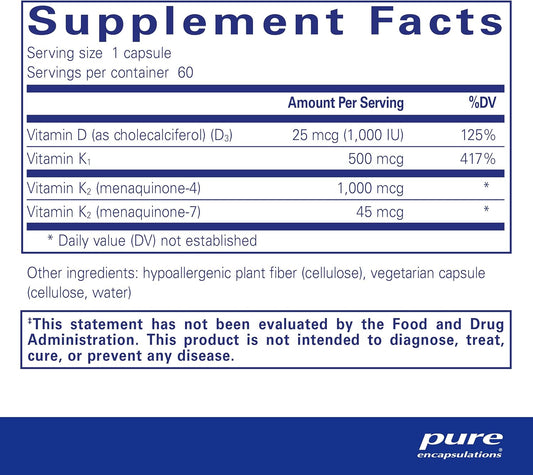 Pure Encapsulations Synergy K - with Vitamin K1, K2 & D3 - Supports Bones, Blood Vessels, Vascular Elasticity & Calcium Utilization* - includes Cholecalciferol - Gluten Free & Non-GMO - 60 Capsules