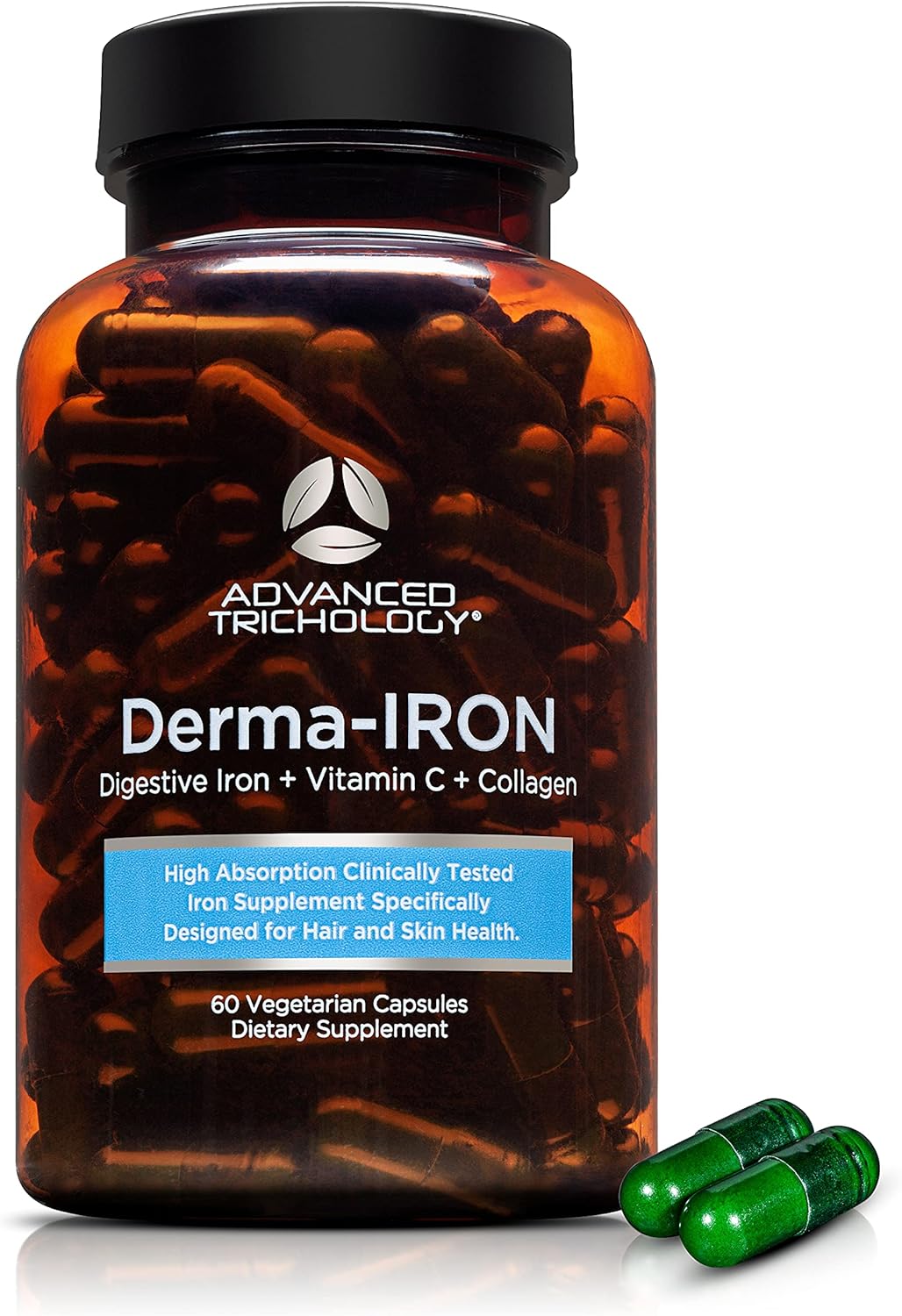 Advanced Trichology Derma-Iron Supplement for Women and Men - Iron blood builder pills for hair and skin with Collagen and natural Vitamin C, low iron and ferritin, thinning hair, hair loss support