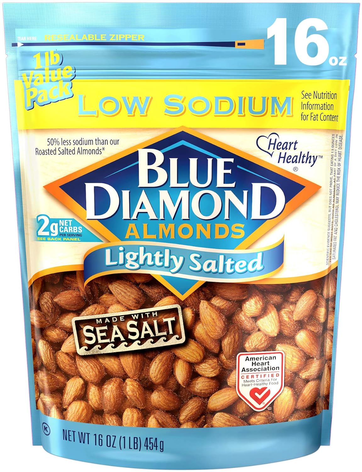 Blue Diamond Almonds Low Sodium Lightly Salted Snack Nuts, 16 Oz Resealable Bag (Pack Of 1)