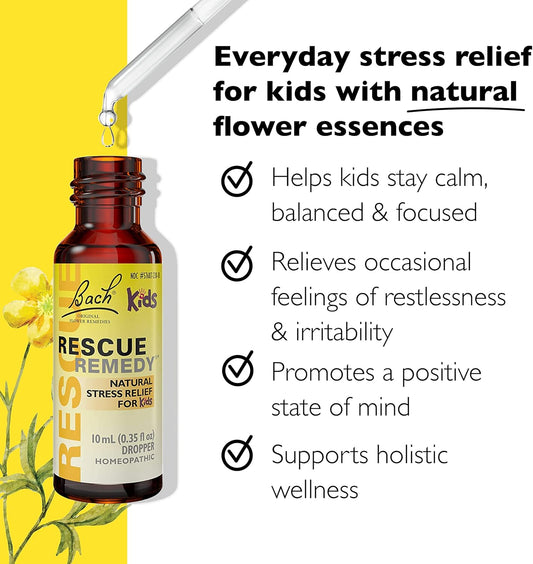 Bach Rescue Remedy Kids Dropper 10Ml, Natural Stress Relief, Homeopathic Flower Essence, Vegan, Gluten & Sugar-Free, Kid-Friendly, Non-Alcohol Formula