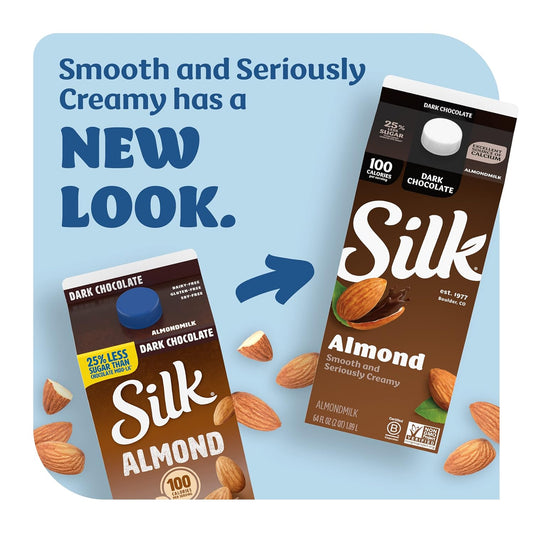 Silk Almond Milk, Dark Chocolate, Dairy Free, Gluten Free, Seriously Creamy Vegan Milk With 25% Less Sugar Than Dairy Chocolate Milk, 64 Fl Oz Half Gallon