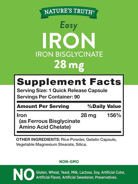 Easy Iron Supplement 28 Mg | 90 Capsules | Iron Bisglycinate | Non-Gmo, Gluten Free | By Nature'S Truth