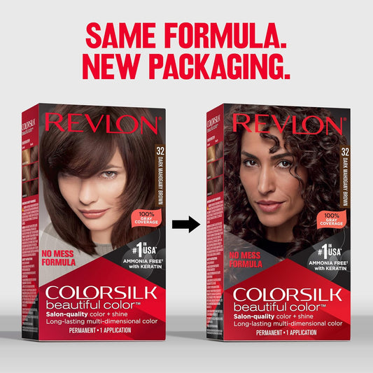 Revlon Colorsilk Beautiful Color Permanent Hair Color, Long-Lasting High-Definition Color, Shine & Silky Softness With 100% Gray Coverage, Ammonia Free, 32 Dark Mahogany Brown, 3 Pack