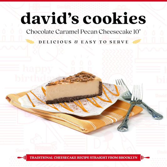 Chocolate Caramel Pecan Cheesecake 10" - Pre-Sliced 14 Pcs. Creamy Cheesecake Topped With Clumps Of Chewy Pecans Drenched In A Coating Of Caramel, Fresh Bakery Dessert Great Gift Idea For Women, Men