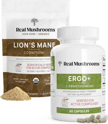 Real Mushrooms Ergothioneine (60Ct) And Lion’S Mane Organic Powder (60 Servings) Bundle With Shiitake And Oyster Mushroom Extracts - Longevity And Cognition - Vegan, Gluten Free, Non-Gmo