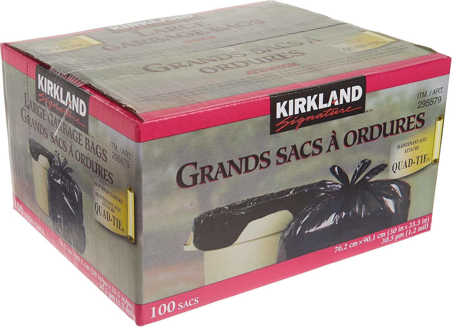 Kirkland Signature Large Quad-tie Garbage Bags, 76.2 cm × 90.1 cm (30 in × 35.5 in), Pack of 100