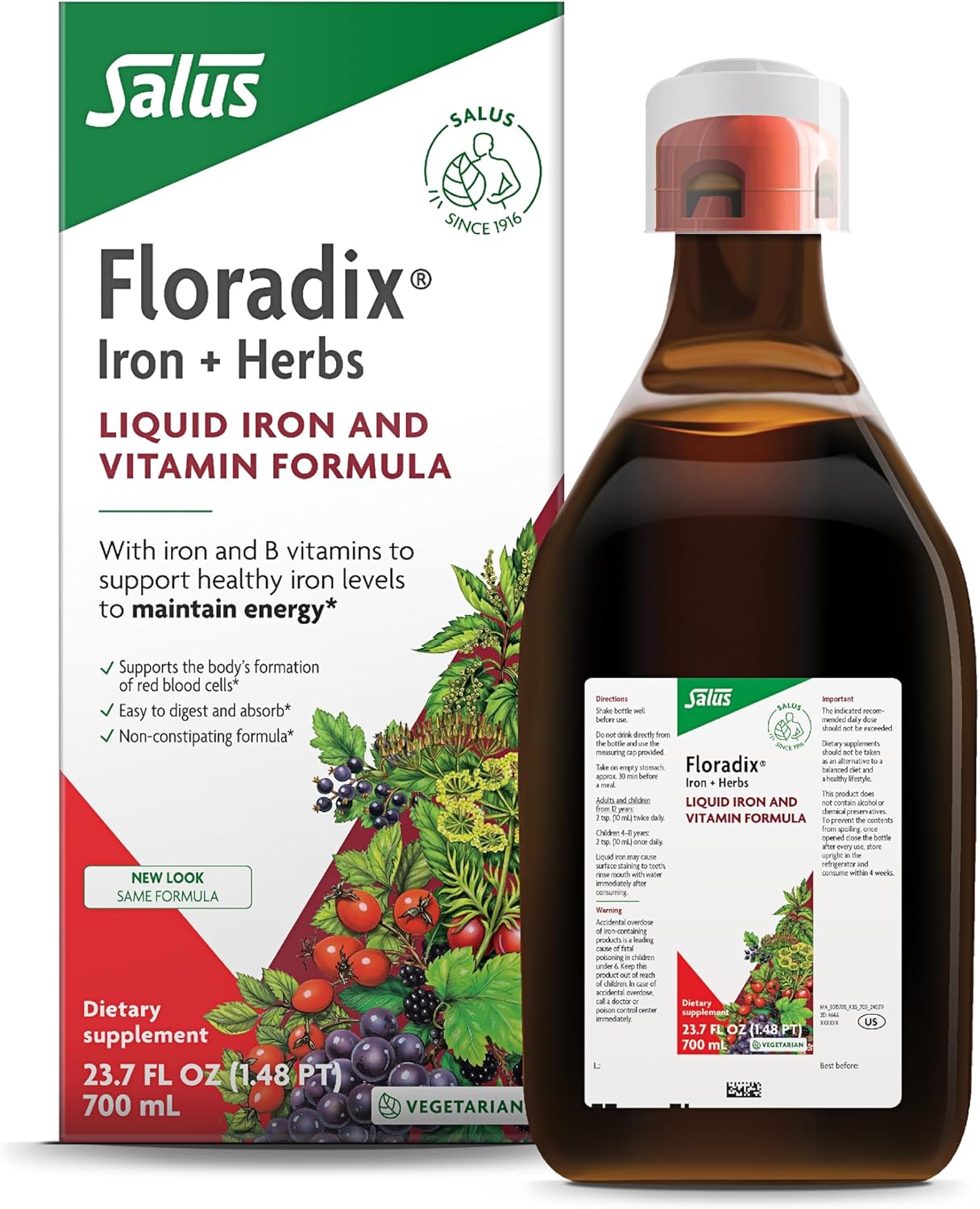 Floradix By Salus Iron & Herbs - Liquid Herbal Supplement For Energy Support - Iron Supplement With Vitamin C & B Complex Vitamins - Liquid Iron Supplement For Men & Women - 23 Oz