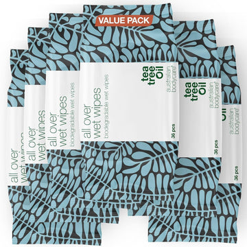 Tea Tree Oil Wet Wipes – 216 Wipes (6 Packs) | Cleanser For Sweat, Dirt & Makeup | Refreshing, Moisturizing & Cooling | On-The-Go Hygiene | Biodegradable