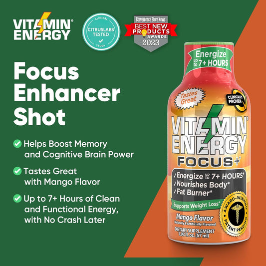 Vitamin Energy Focus+ Shots | Natural Healthy Energy & Focus Drink | Sugar-Free Carb-Free Supplement | Vitamins B6, B12, Niacin, L-Theanine, Coq10 | Energize Up To 7+ Hrs | Mango - 1.93 Fl Oz - 48 Ct