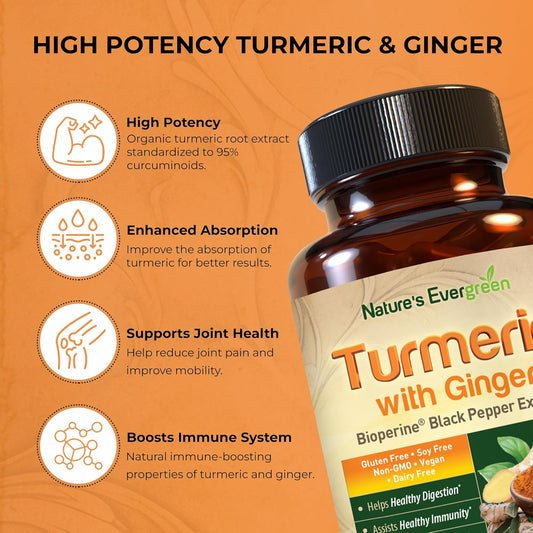 Turmeric With Ginger Root Joint Support Supplement | Turmeric Curcumin Supplement 95% Curcuminoids | Contains Organic Turmeric & Ginger With Black Pepper Extract For Max Absorption. 120 Capsules
