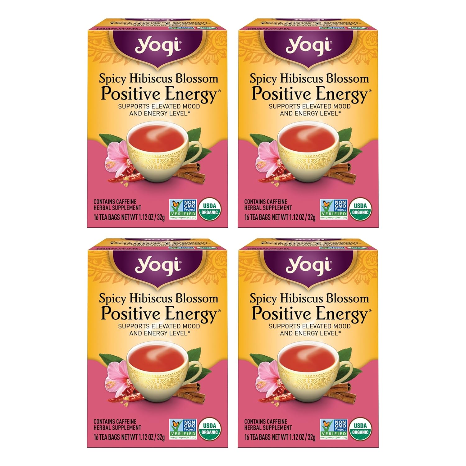 Yogi Tea Spicy Hibiscus Blossom Positive Energy Tea - 16 Tea Bags Per Pack (4 Packs) - Organic Herbal Tea To Support Energy - Includes Black Tea Leaf, Hibiscus Flower, Cinnamon Bark & More