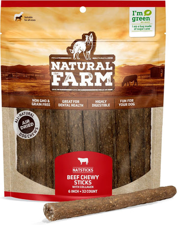 Natural Farm Natsticks Beef Chewy Sticks With Collagen (32-Pack), Made From Premium All-Natural Beef, Great For Small, Medium, Large Dogs, Protein-Rich, Quick-Chew Treats, Highly Digestible