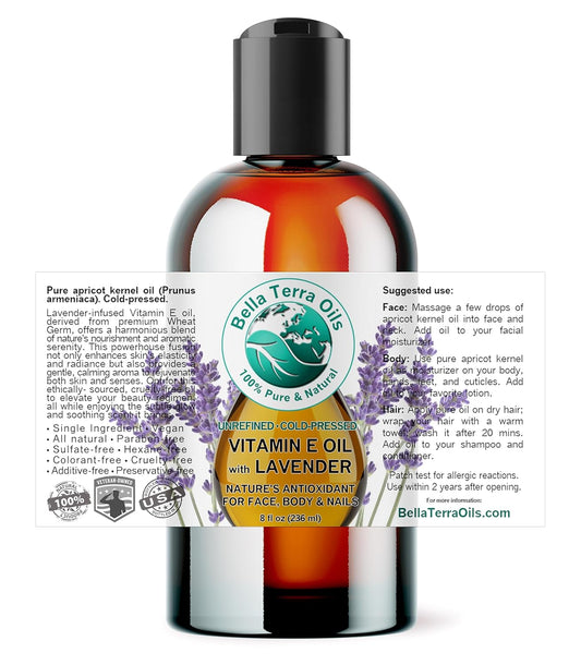 Bella Terra Oils - Organic Vitamin E & Lavender Oil 8 oz - Exquisite Face Elixir with Pure D-Alpha Tocopherol, Organic Wheat Germ Extracted, Enchanting Lavender Essence for Your Skin