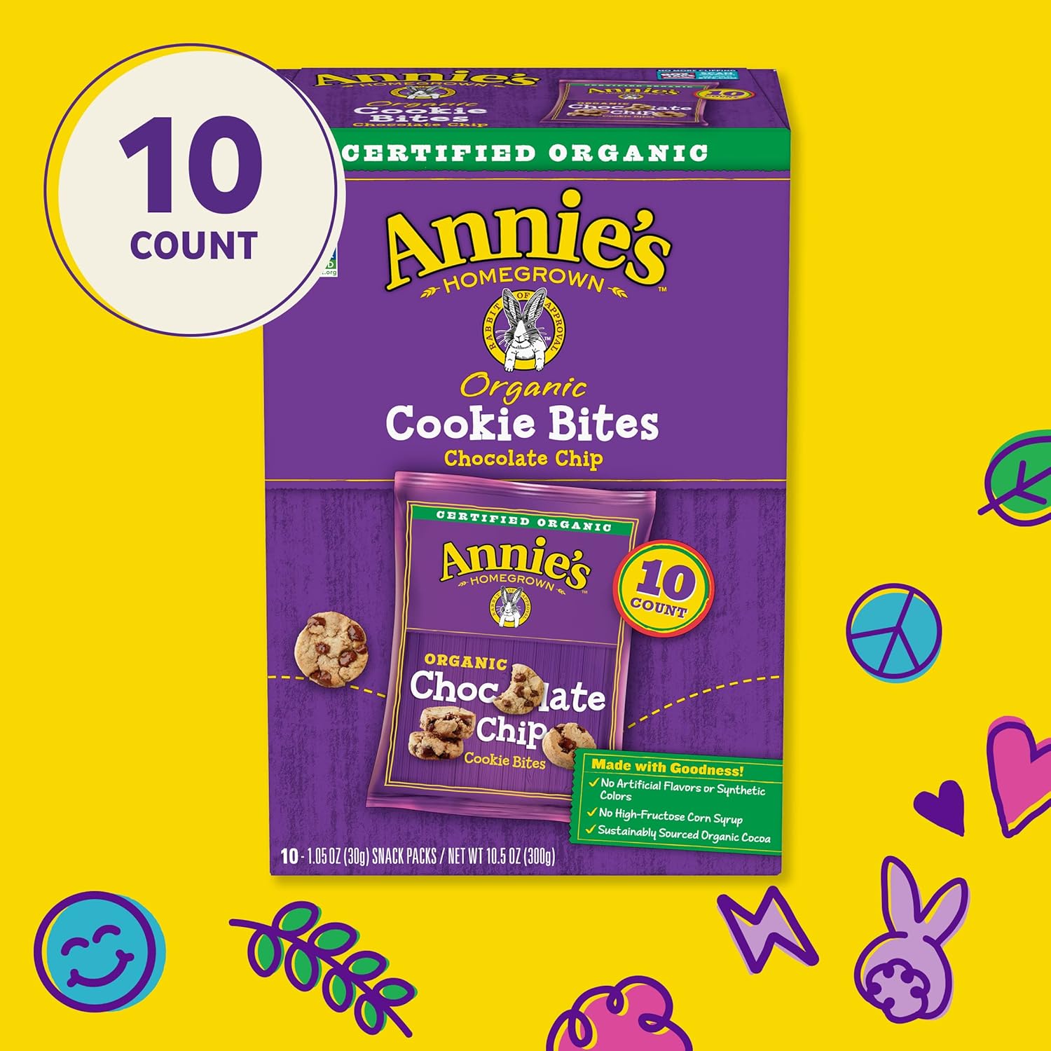 Annie'S Organic Chocolate Chip Cookie Bites, 10 Packets, Kids Snacks, Back To School Snacks, 10.5 Oz