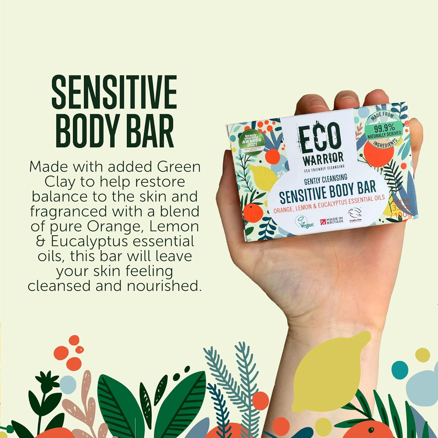 Eco Warrior Sensitive Body Soap Bar | Vegan, Cruelty Free, Natural, eco friendly | No SLS or Parbens | Gently Cleansing With Green Clay & Orange, Lemon, Eucalyptus Essential Oils | Body Bar Soap, 100g : Amazon.co.uk: Beauty