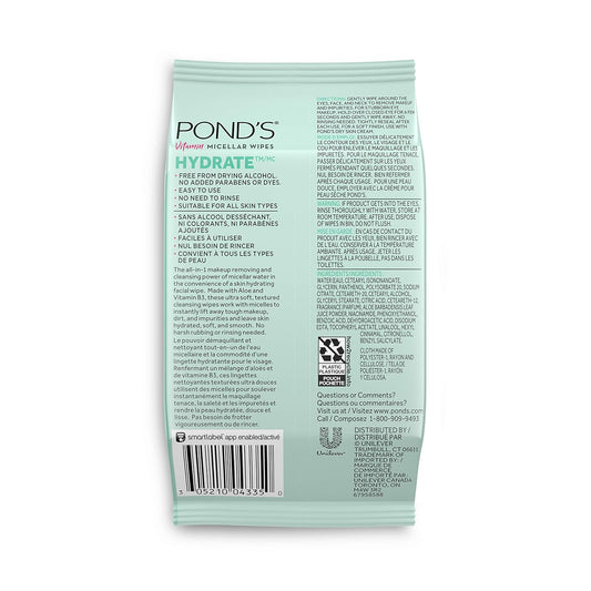 Pond'S Vitamin Micellar Makeup Remover Wipes For Dry Skin, Skin Care Hydrating Aloe Vera Daily Face Wipes Remove Dirt, Waterproof Makeup, 25 Count, 4 Pack