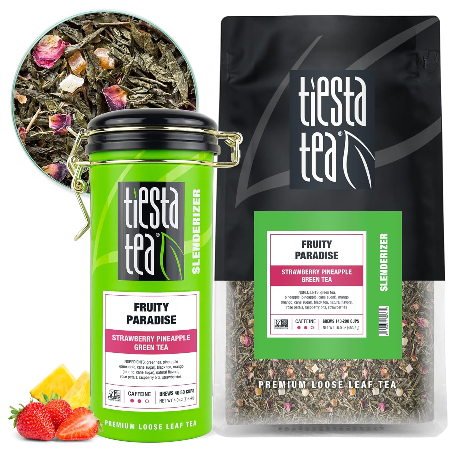 Tiesta Tea - Fruity Paradise Strawberry Pineapple Green Tea Premium Loose Leaf Tea Medium Caffeinated Green Tea Make Hot Or Iced Tea, Up To 250 Cups - 16Oz Bulk Pouch & 4Oz Refillable Tin Combo