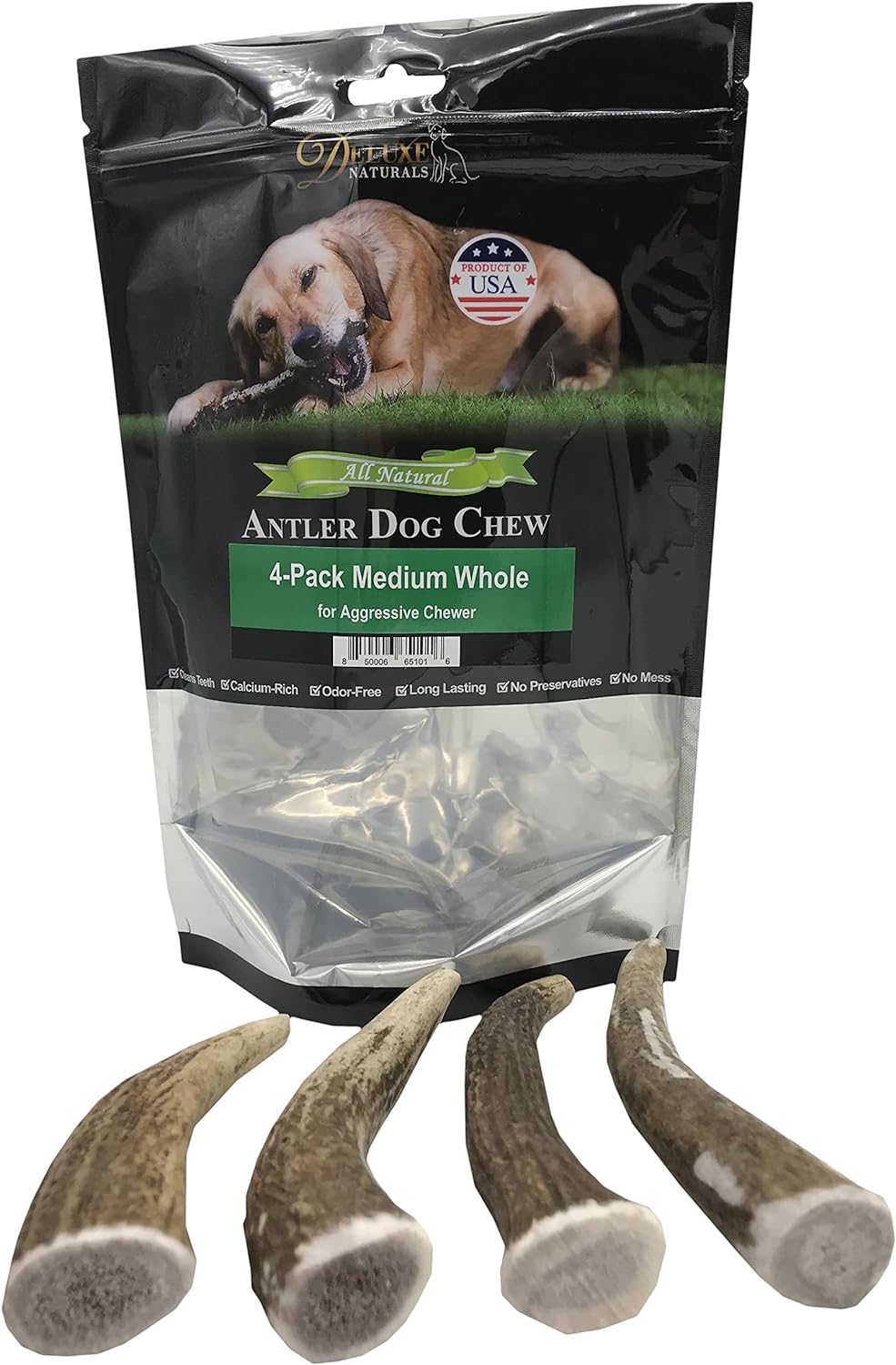 Elk Antler Chews for Dogs | Naturally Shed USA Collected Elk Antlers | All Natural A-Grade Premium Elk Antler Dog Chews | Product of USA, 4-Pack Medium Whole