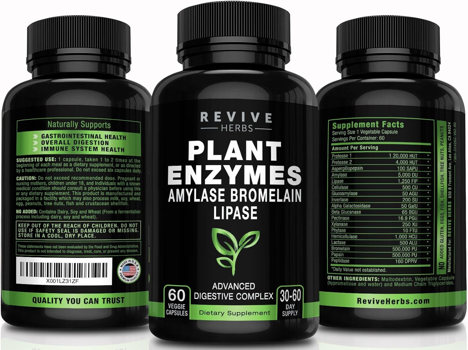 Revive Herbs Advanced Plant-Based Digestive Enzymes: Boost Gut & Immune Health With Aspergillopepsin, Amylase, Bromelain & More For Bloating Relief & Overall Digestion : Health & Household