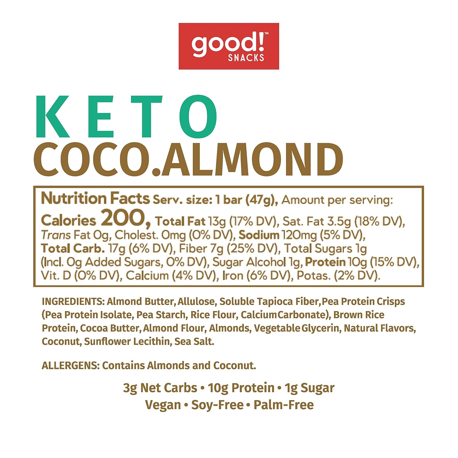 Good! Snacks Keto Vegan Protein Bars, Coconut Almond, Gluten Free Keto Snack Bar, Low Carb, Low Sugar Meal Replacement, High Protein Healthy Snacks, 10G Protein, 3G Net Carbs, 12 Bars