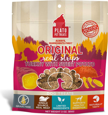 Plato Turkey Real Strips Natural Dog Treats - Real Meat - Air Dried - Made In The Usa - Turkey & Sweet Potato, 3 Ounces