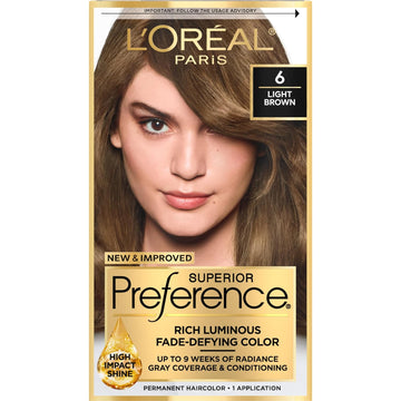 L'Oreal Paris Superior Preference Fade-Defying + Shine Permanent Hair Color, 6 Light Brown, Pack Of 1, Hair Dye