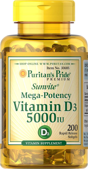 Puritan'S Pride Vitamin D3 5,000 Iu Bolsters Immunity For Immune System Support And Healthy Bones And Teeth Softgels, Packaging May Vary, Unflavored, 200 Count