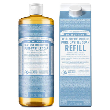 Dr. Bronner’S Pure-Castile Liquid Soap Bottle & Refill Carton - Made With Regenerative Organic Certified Oils, 82% Less Plastic-18-In-1 Uses For Face, Body Wash, Hand Soap Refill- Baby Unscented,32 Oz