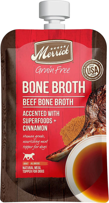 Merrick Grain Free Bone Broth, Premium Human Grade And Gluten Free Dog And Cat Food Topper Pouches, Beef - 7 Oz. Pouch