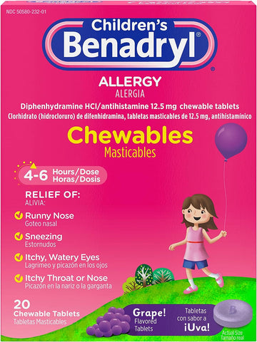 Benadryl Children'S Allergy Chewables With Diphenhydramine Hcl, Antihistamine Chewable Tablets For Relief Of Allergy Symptoms Like Sneezing, Itchy Eyes, & More, Grape Flavor