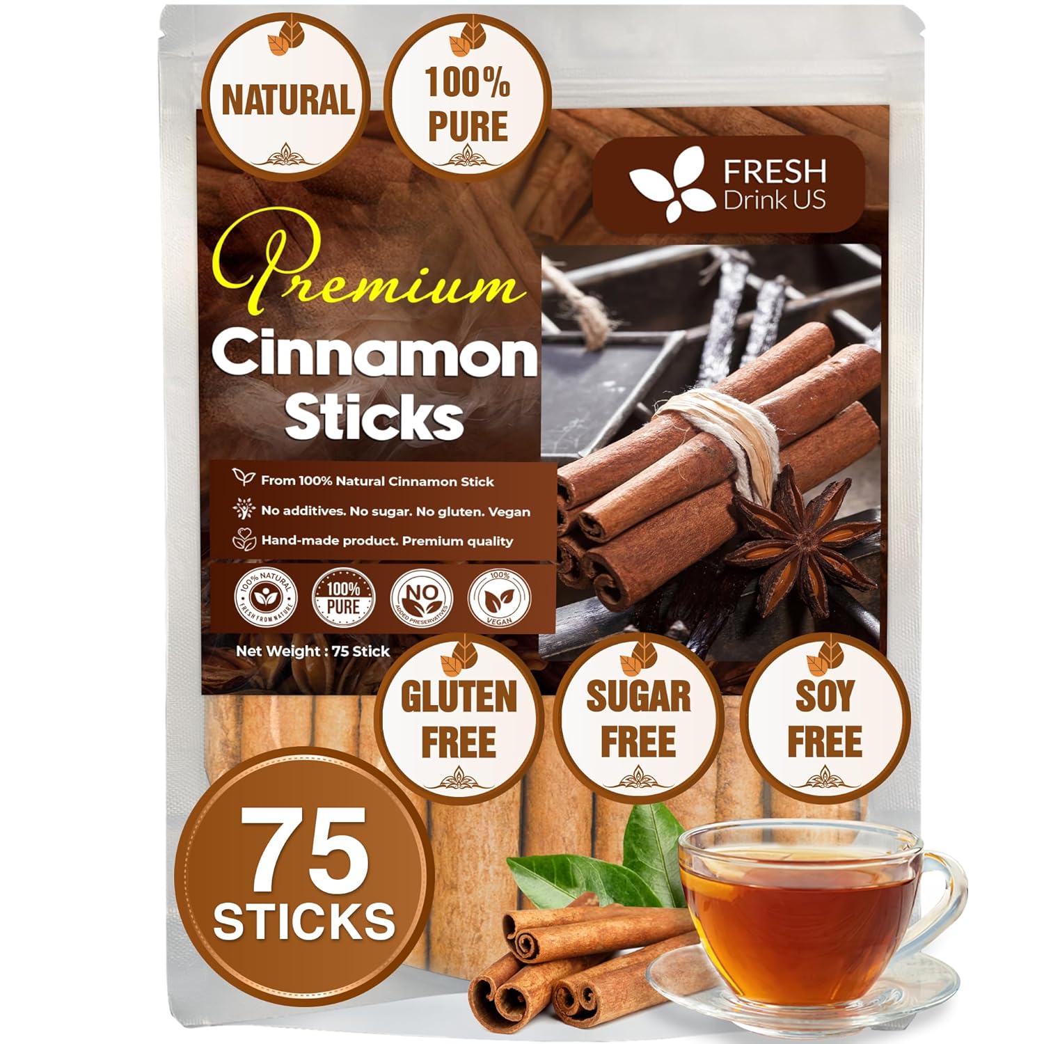 Freshdrinkus, Premium 75+ Cinnamon Dried Sticks, Whole Sticks, 100% Natural & Pure Cinnamon Inner Bark, Raw Cinnamon Spice Flavor & Strong Aroma, Cinnamon Spice Herbal Tea, Perfect For Warm Beverages