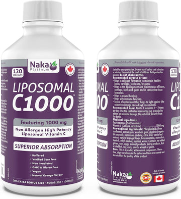 Platinum Liposomal C1000 Non-Allergen High Potency Vitamin C (Sodium Ascorbate) 1000 Mg Per 5Ml Teaspoon - 600Ml = 120Servings